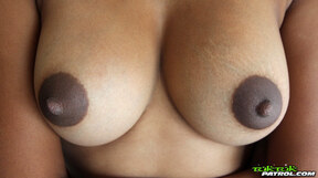 Breasty LBFM Bee stripping on bed and showing off her tits